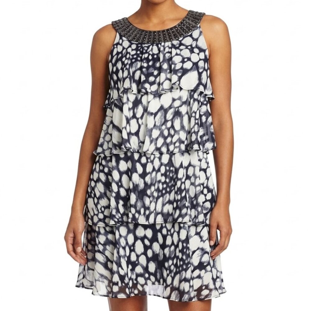 Studio I Tiered Shift Dress Size 12 Black White Abstract Print Beaded Neckline